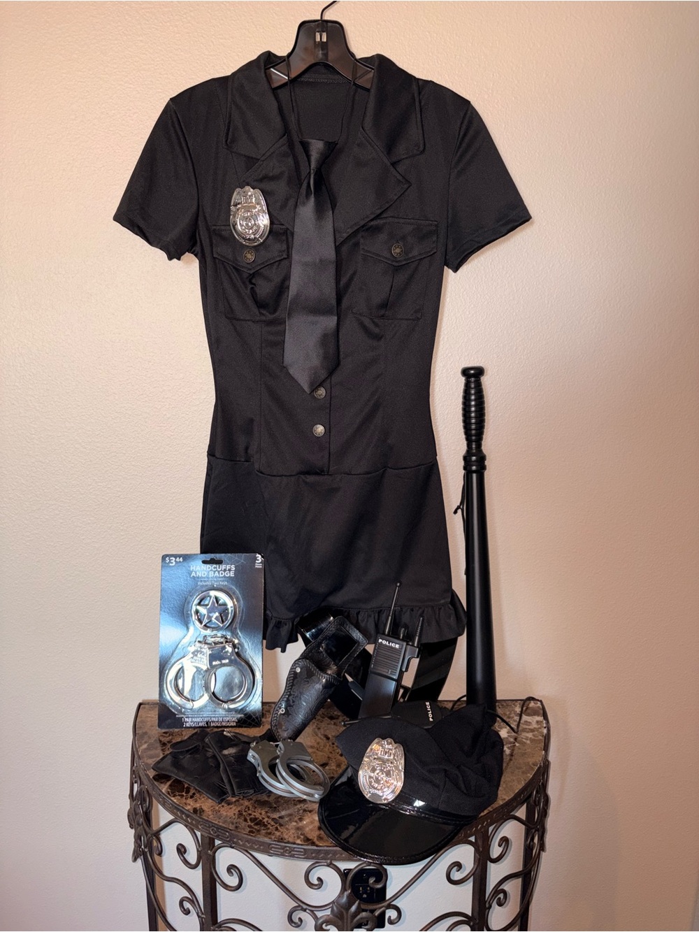 Womens Black Police Officer Costume with Badge and Tie